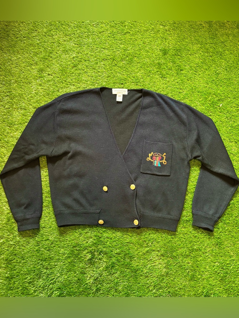 Vintage Jones New York Navy Embroidered Crest Gold Button Cardigan Large